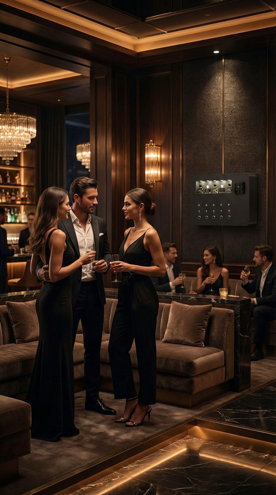 Guests enjoying a night out with ReFresh machine on the wall behind them